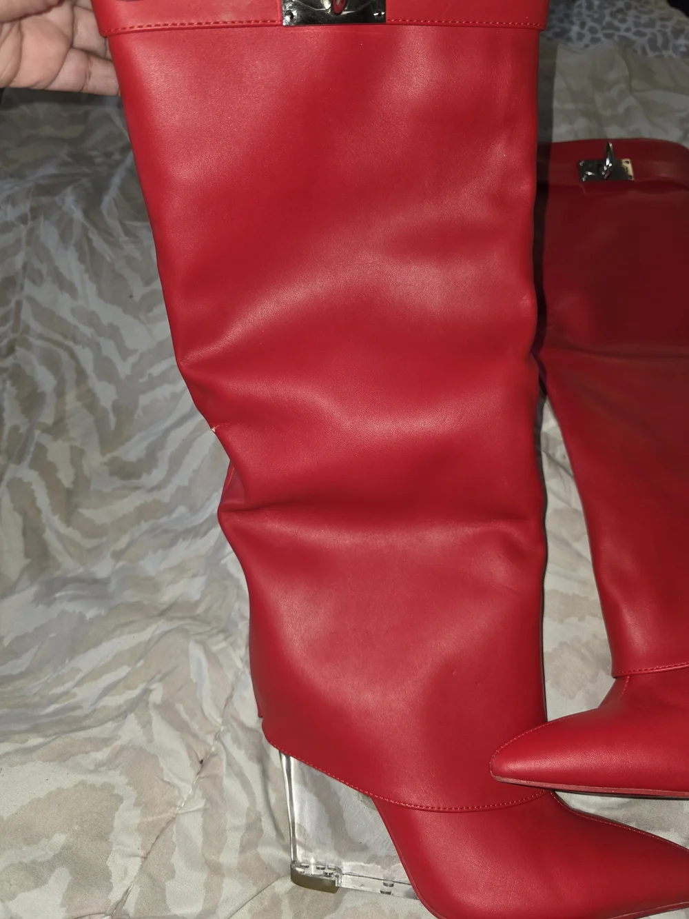 Women's Tall Red Pointed-Toe Boots with Clear Wedge Heel